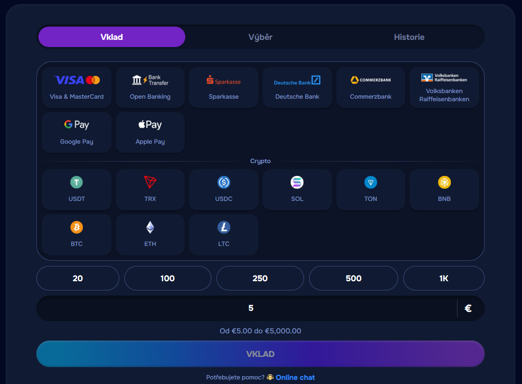 Metody vkladů kasina Wizardo Visa Apple Pay krypto.