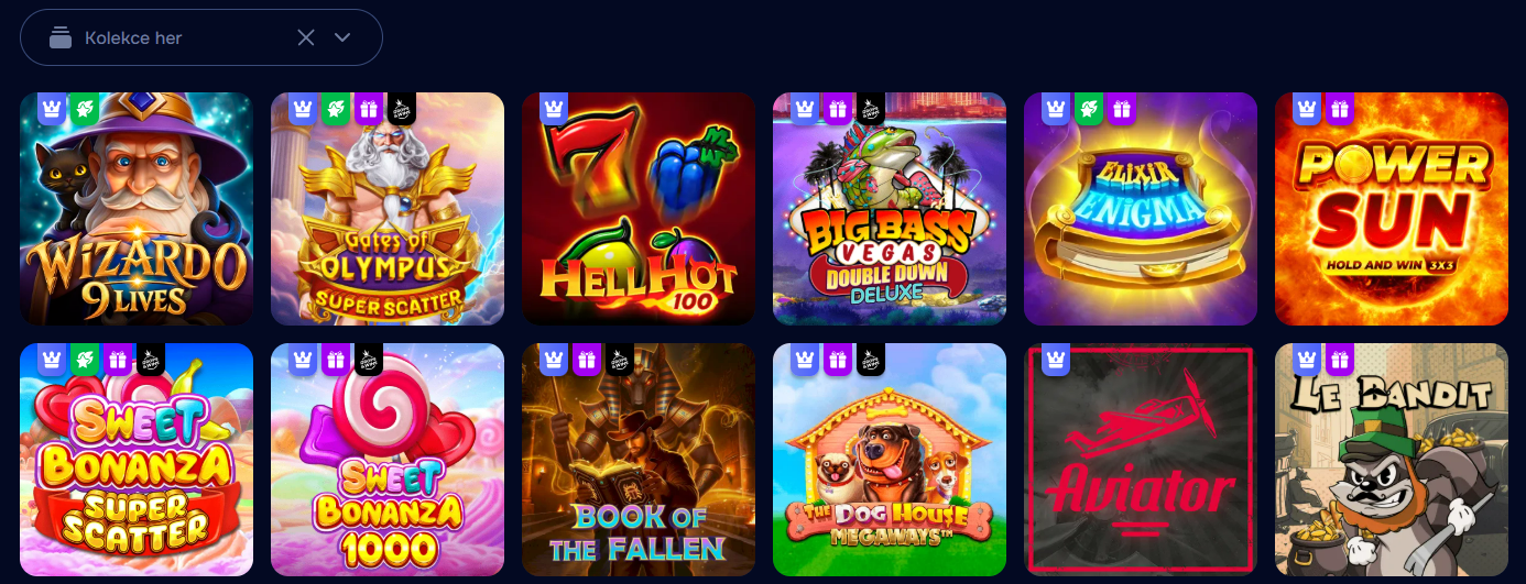 Lobby slotů barevné ikony kategorií app Wizardo.