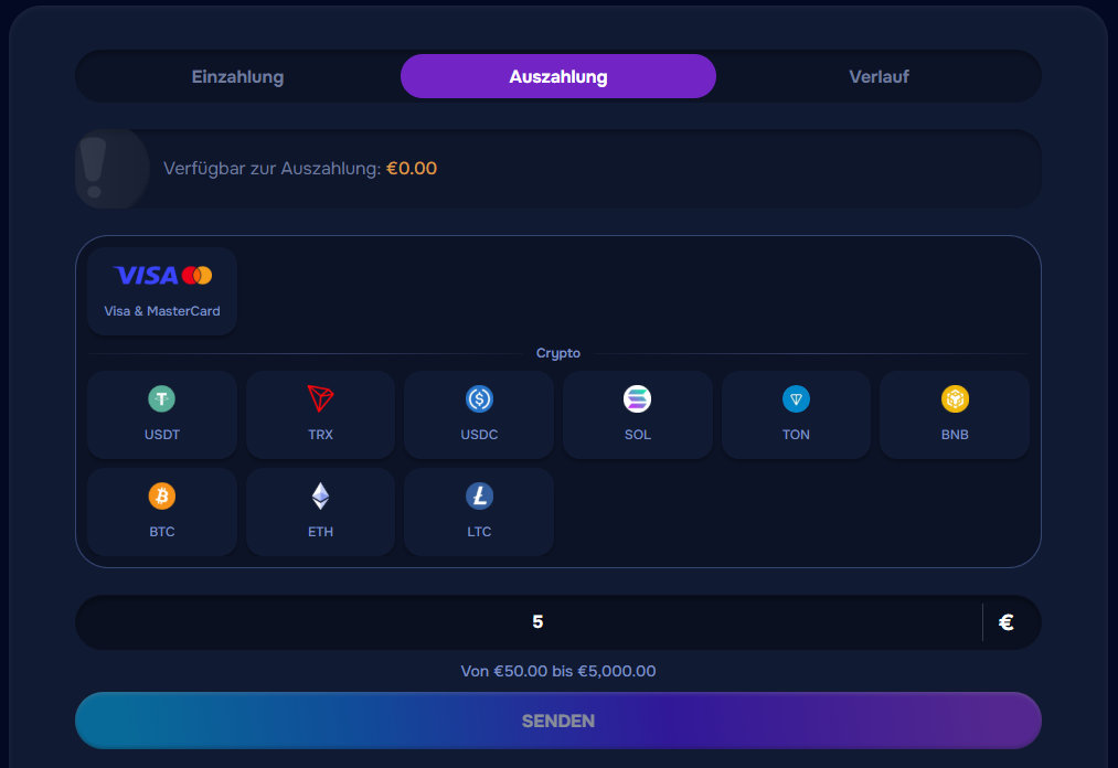 Auszahlung Casino €0 Saldo USDT TRX USDC SOL TON BNB im Wizardo.