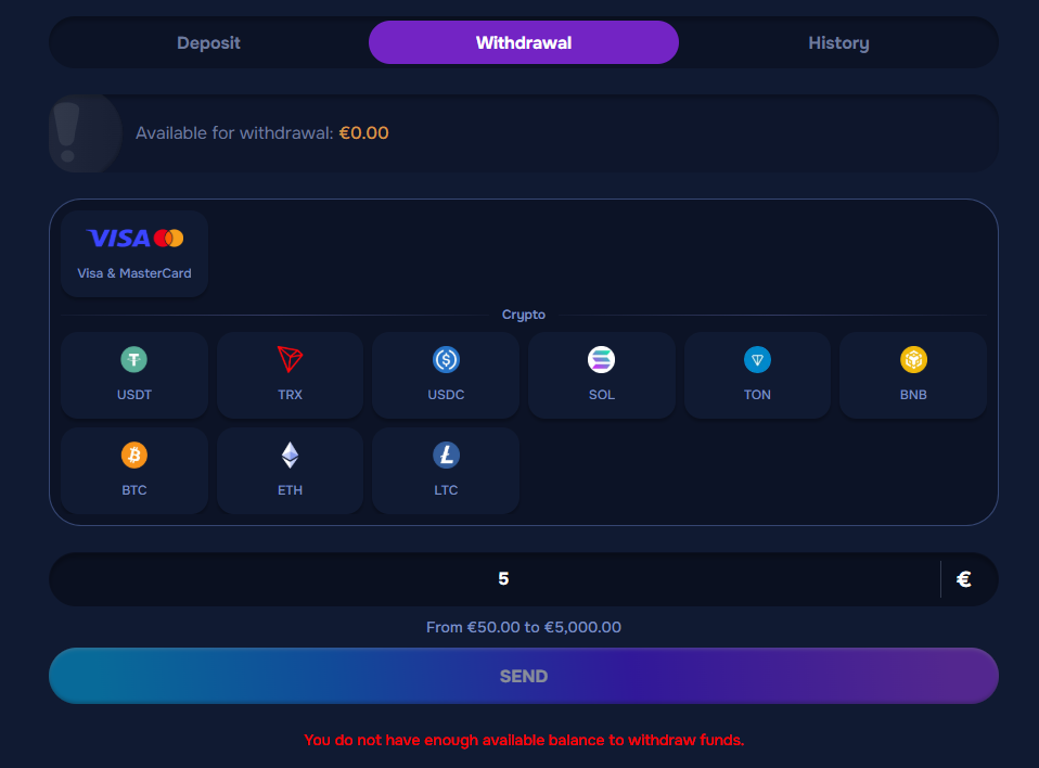 Wizardo gaming withdrawal from €5 to €5000 send button.